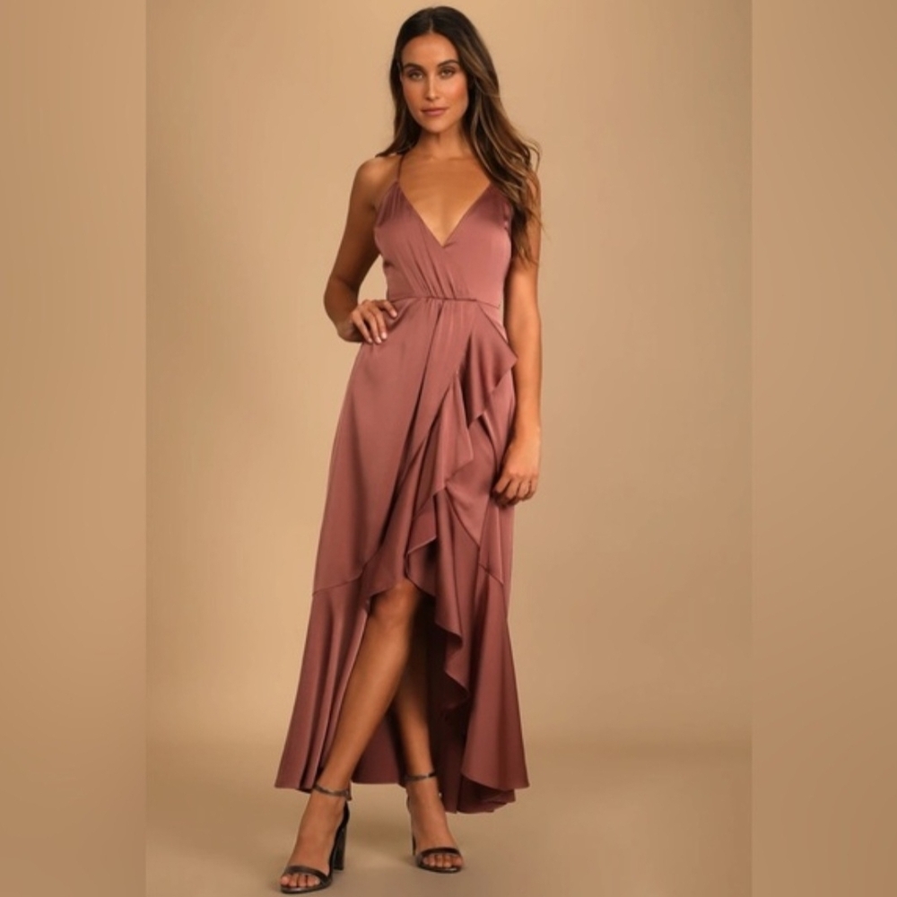 Lulu's Enchanted Moments Rose Pink Satin High-Low Ruffle Dress